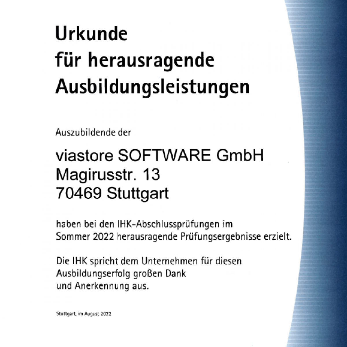 IHK-Auszeichnung Ausbildungsleistungen viastore SOFTWARE