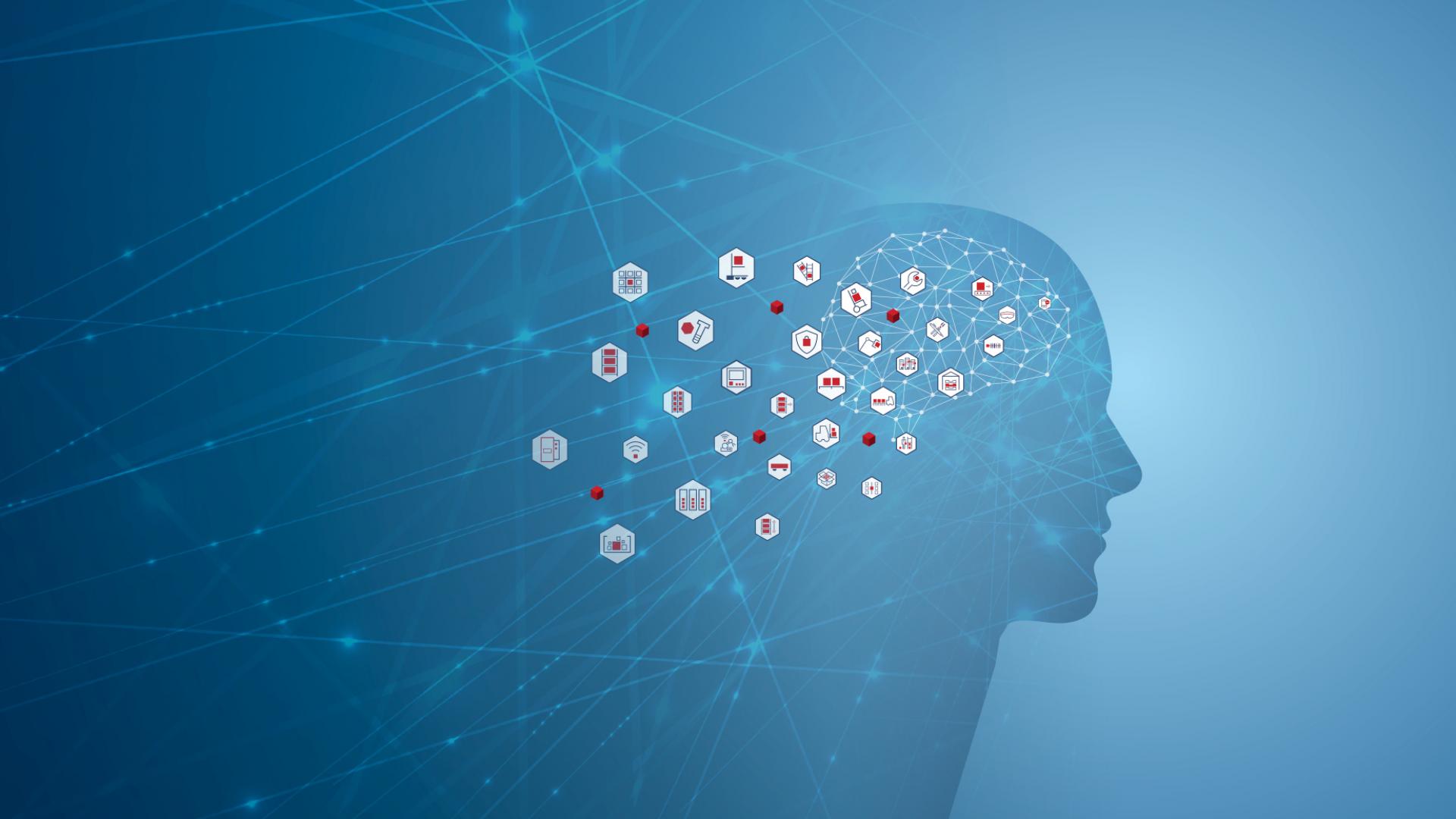 Headerbild viastore Glossar, menschliche Silhouette auf blauem Hintergrund mit Icons, die aus Gehirn fliegen