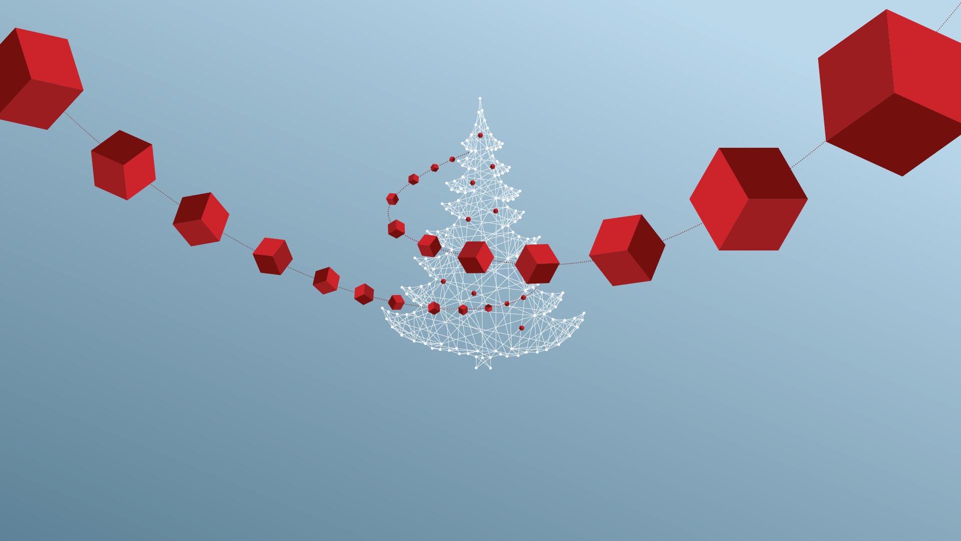 Graphic of Christmas tree consisting of white lines with a chain of red cubes on blue-gray background