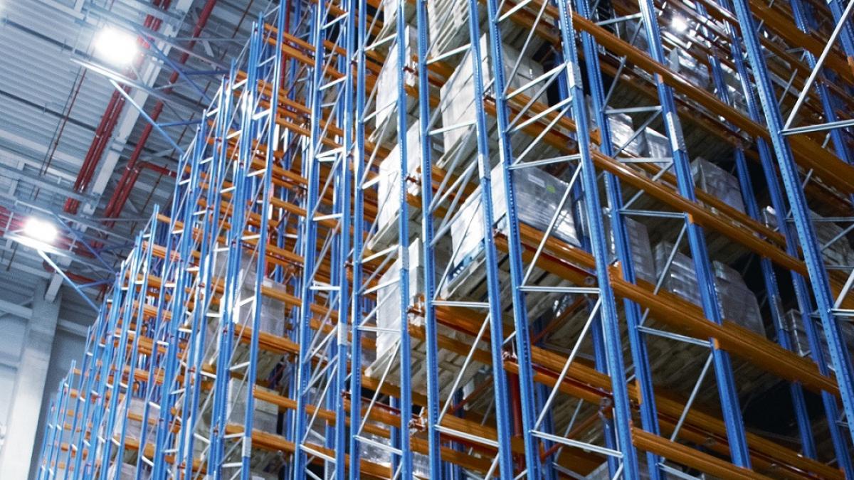 Multi-aisle pallet warehouse, interior view of viastore high-bay warehouse at VARTA in Ellwangen 