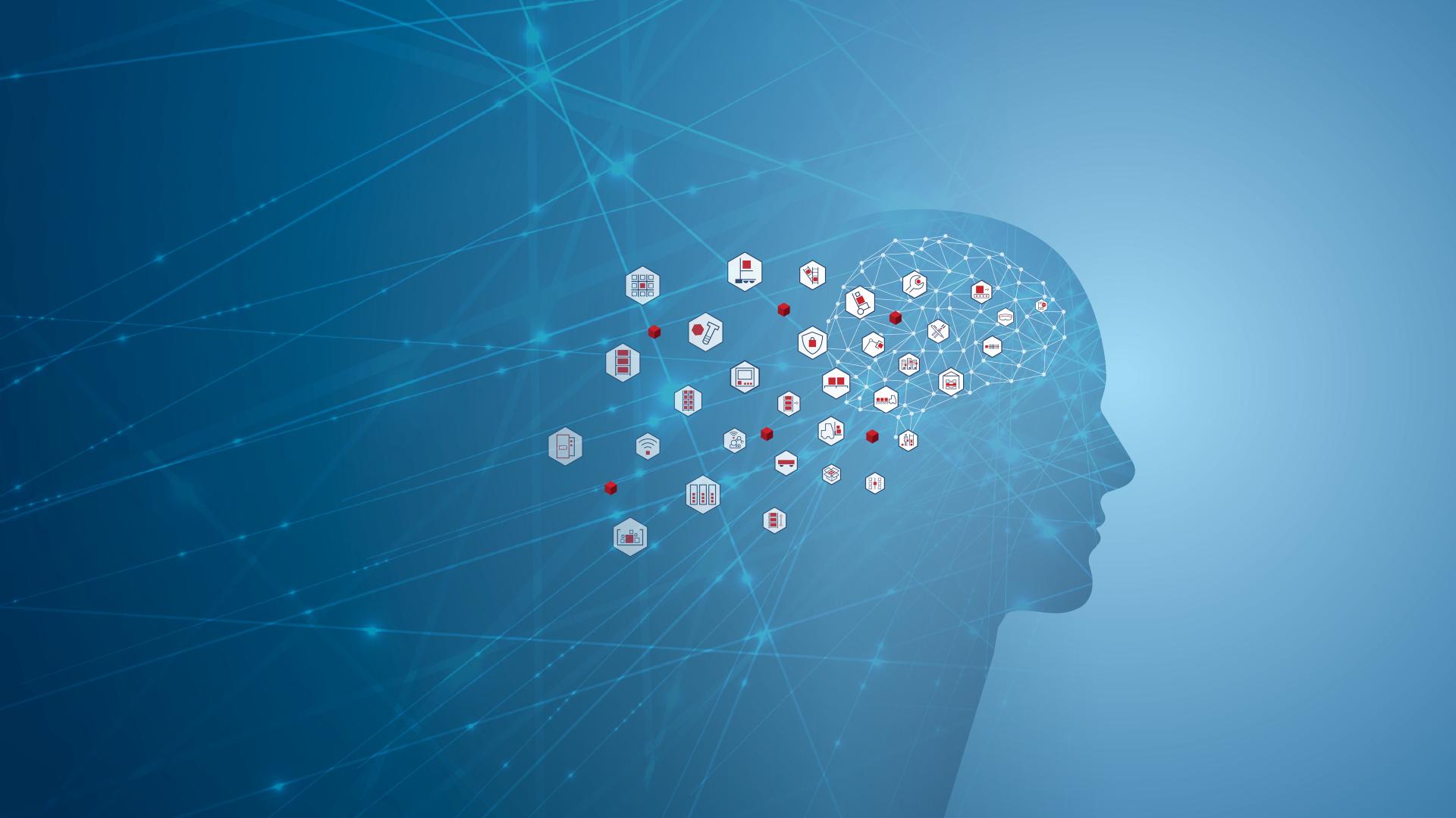 Headerbild viastore Glossar, menschliche Silhouette auf blauem Hintergrund mit Icons, die aus Gehirn fliegen