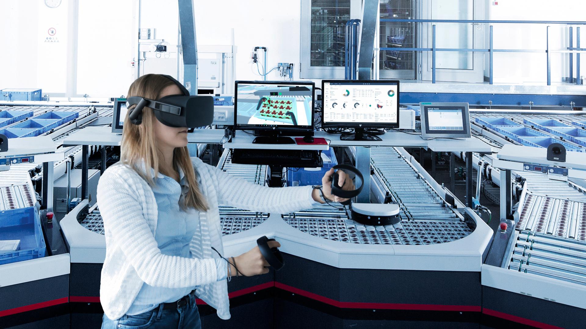 Frau mit Visualisierungs-Brille im Logistikzentrum