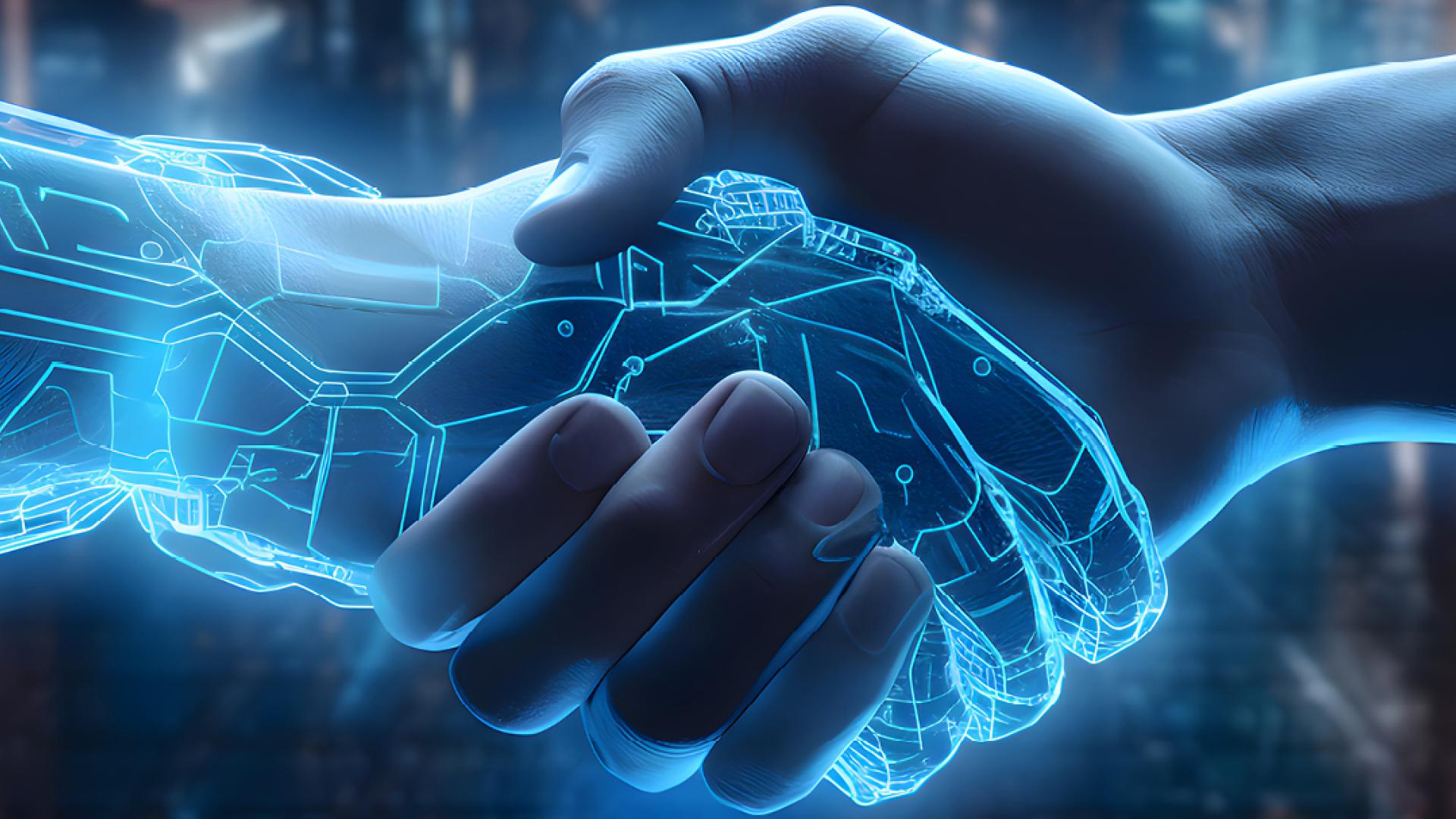 Roboterhand und Menschenhand - Digitaler Zwilling