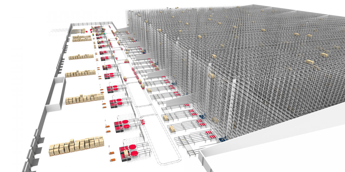 Animation 3D de l'entrepôt automatisé à hauts rayonnages de viastore pour Maisons du Monde 